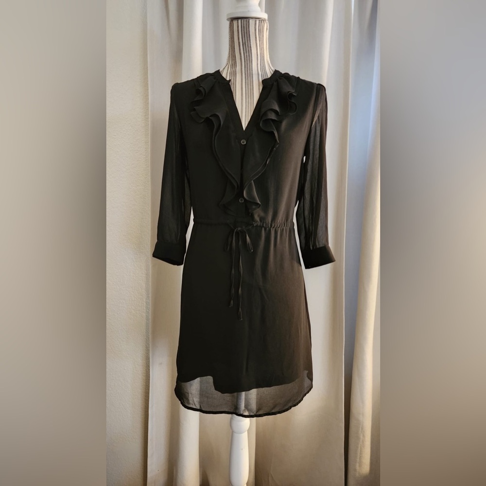 Black chiffon ruffle 3/4 sleeves quarter sleeve dress